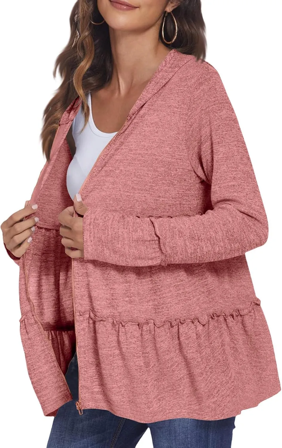 Women's Zip Up Blouses Long Sleeve V Neck Dressy Peplum Casual Tops Babydoll Shirts Fashion Lightweight Hoodies