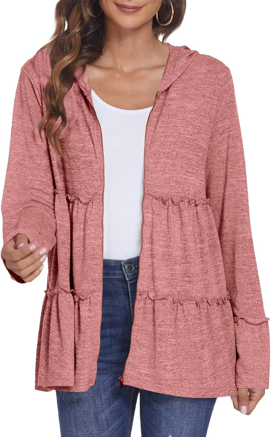 Women's Zip Up Blouses Long Sleeve V Neck Dressy Peplum Casual Tops Babydoll Shirts Fashion Lightweight Hoodies