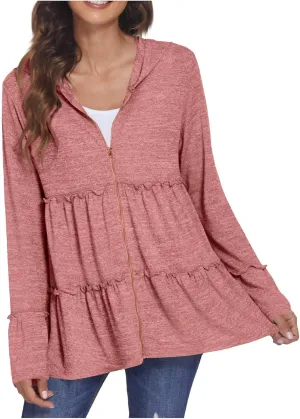 Women's Zip Up Blouses Long Sleeve V Neck Dressy Peplum Casual Tops Babydoll Shirts Fashion Lightweight Hoodies