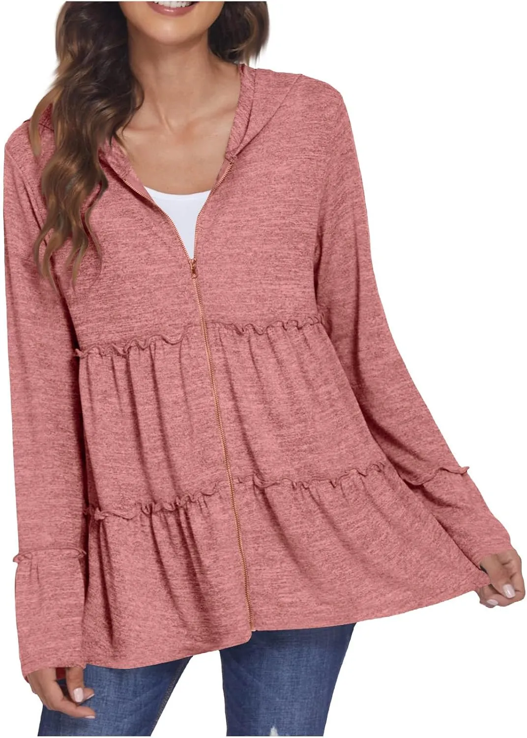 Women's Zip Up Blouses Long Sleeve V Neck Dressy Peplum Casual Tops Babydoll Shirts Fashion Lightweight Hoodies