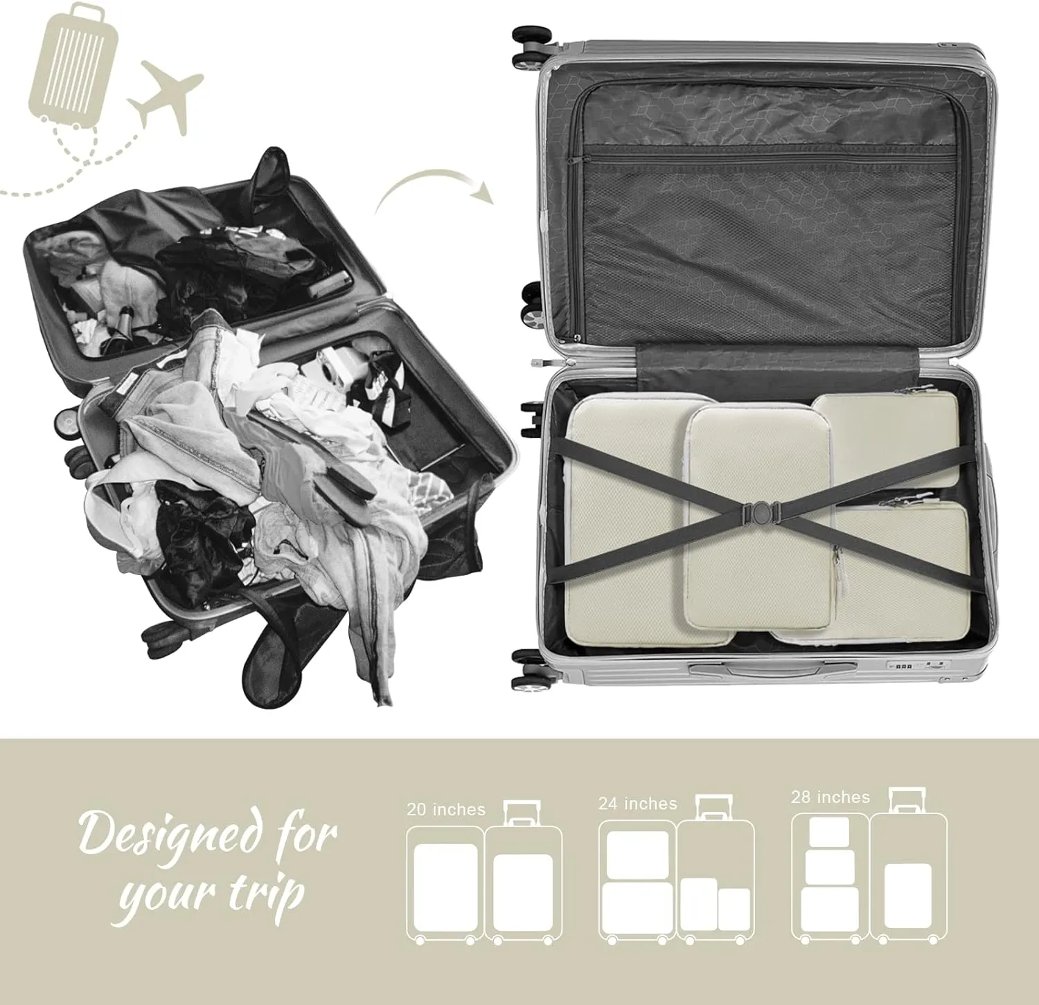 WOOMADA Compression Packing Cubes for Suitcases Travel Essentials 4 Set Expandable Travel Bags Organizer for Luggage(ivory)