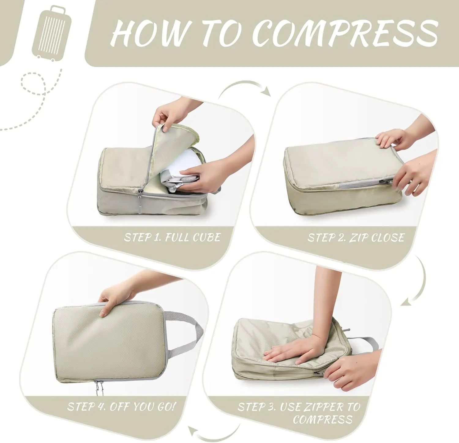 WOOMADA Compression Packing Cubes for Suitcases Travel Essentials 4 Set Expandable Travel Bags Organizer for Luggage(ivory)