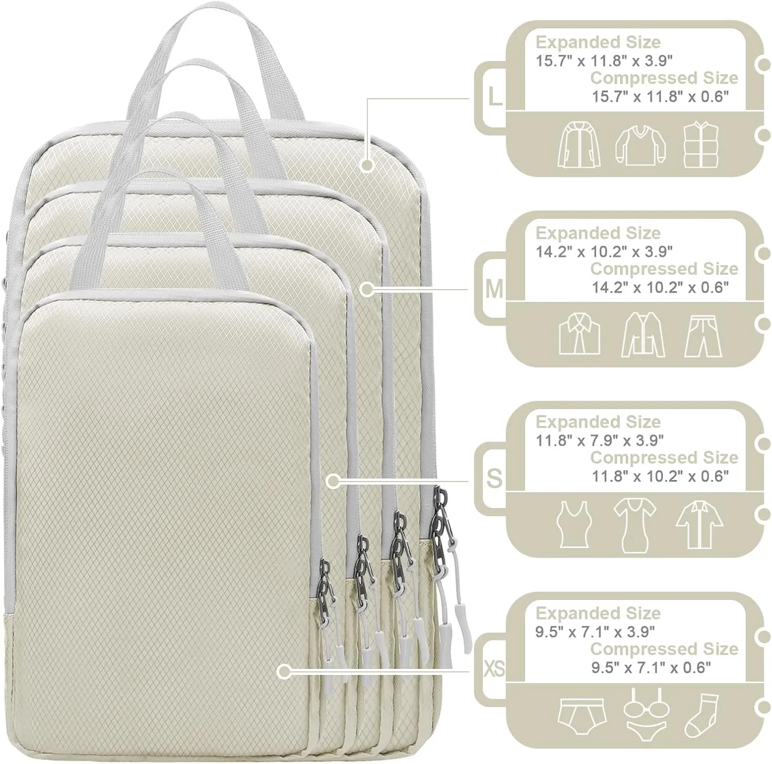 WOOMADA Compression Packing Cubes for Suitcases Travel Essentials 4 Set Expandable Travel Bags Organizer for Luggage(ivory)