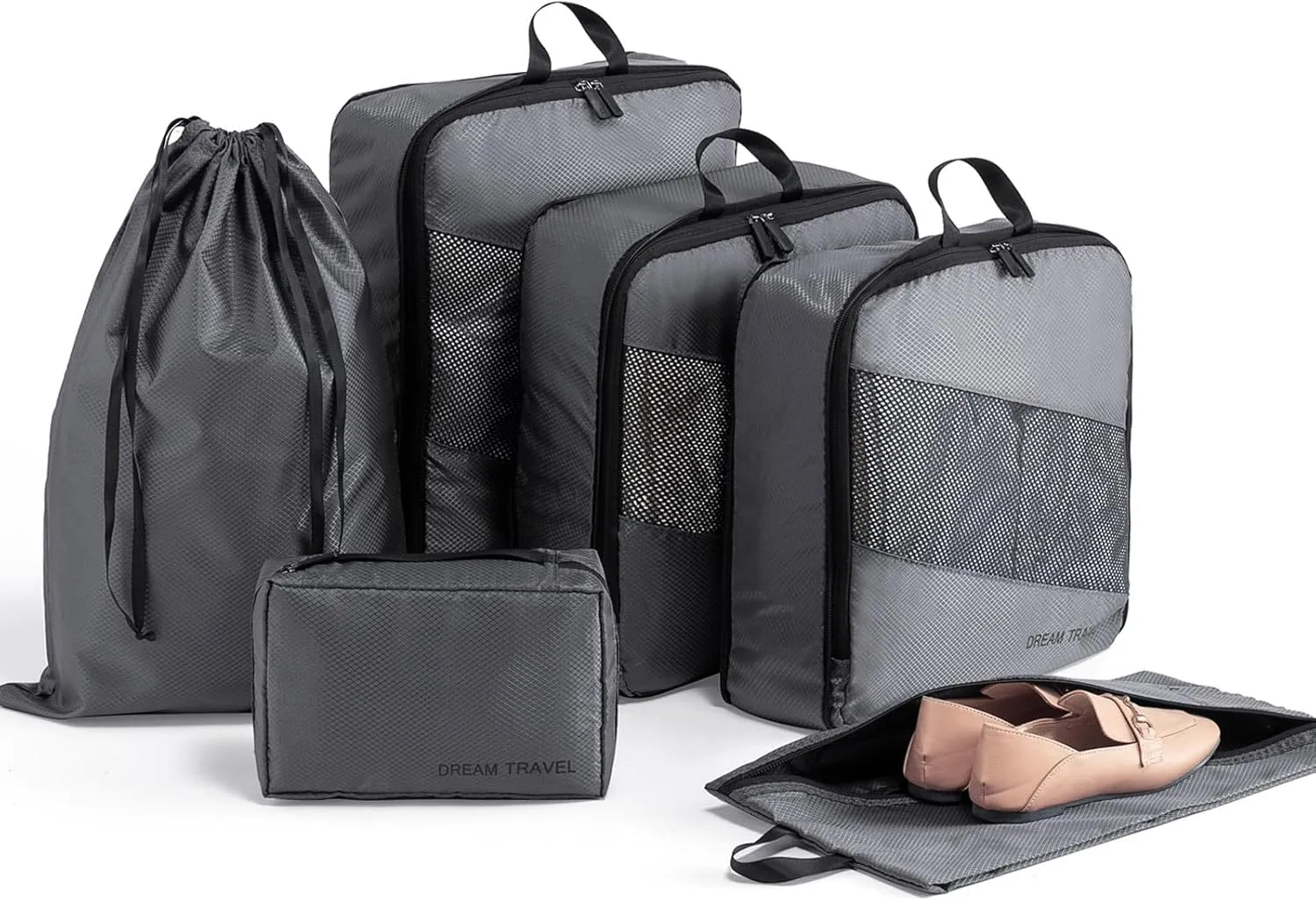WOOMADA Compression Packing Cubes for Suitcases Travel Essentials 6 Set Rhombic Mesh Expandable Travel Bags Organizer for Luggage(salte grey)
