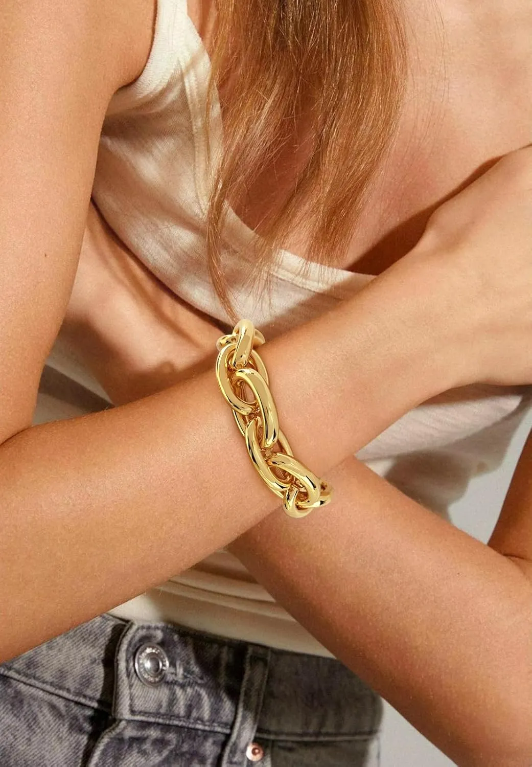 WOWORAMA Chunky Chain Bracelet for Women Adjustable Elastic Stretch Link Bracelets Thick Chunky Link Statement Bracelet Gold/Silver
