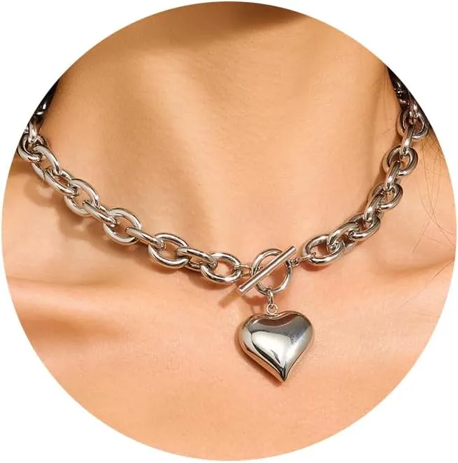 WOWORAMA Gold Chunky Chain Necklace for Women Puffy Heart Pendant Necklace White Gold Thick Chunky Chain Link Necklaces Heart Coin Choker Necklace