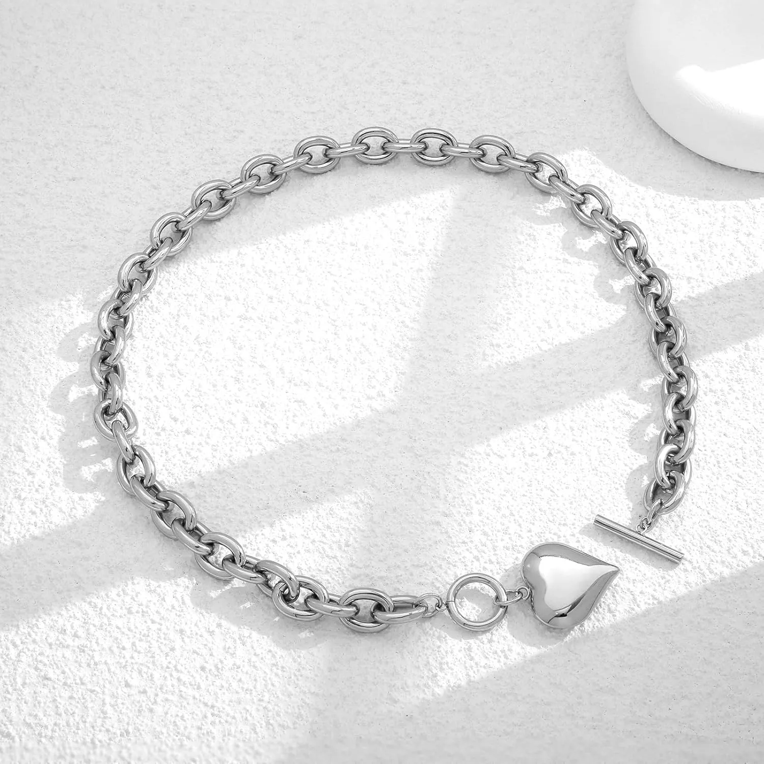 WOWORAMA Gold Chunky Chain Necklace for Women Puffy Heart Pendant Necklace White Gold Thick Chunky Chain Link Necklaces Heart Coin Choker Necklace