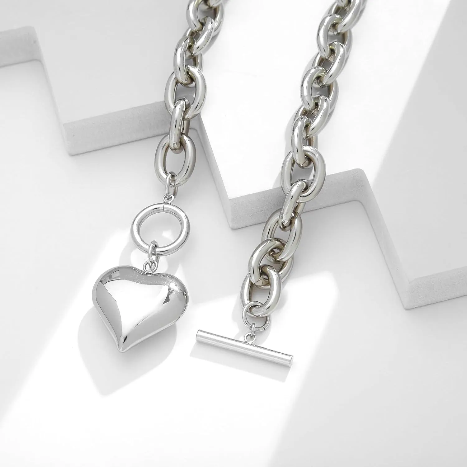 WOWORAMA Gold Chunky Chain Necklace for Women Puffy Heart Pendant Necklace White Gold Thick Chunky Chain Link Necklaces Heart Coin Choker Necklace