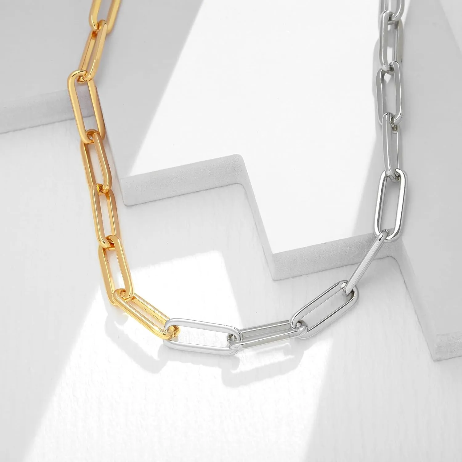 WOWORAMA Two Tone Gold Silver Cuban Link Chain Necklace Choker Unisex Chunky Chain Choker Necklace for Women Men, 18"