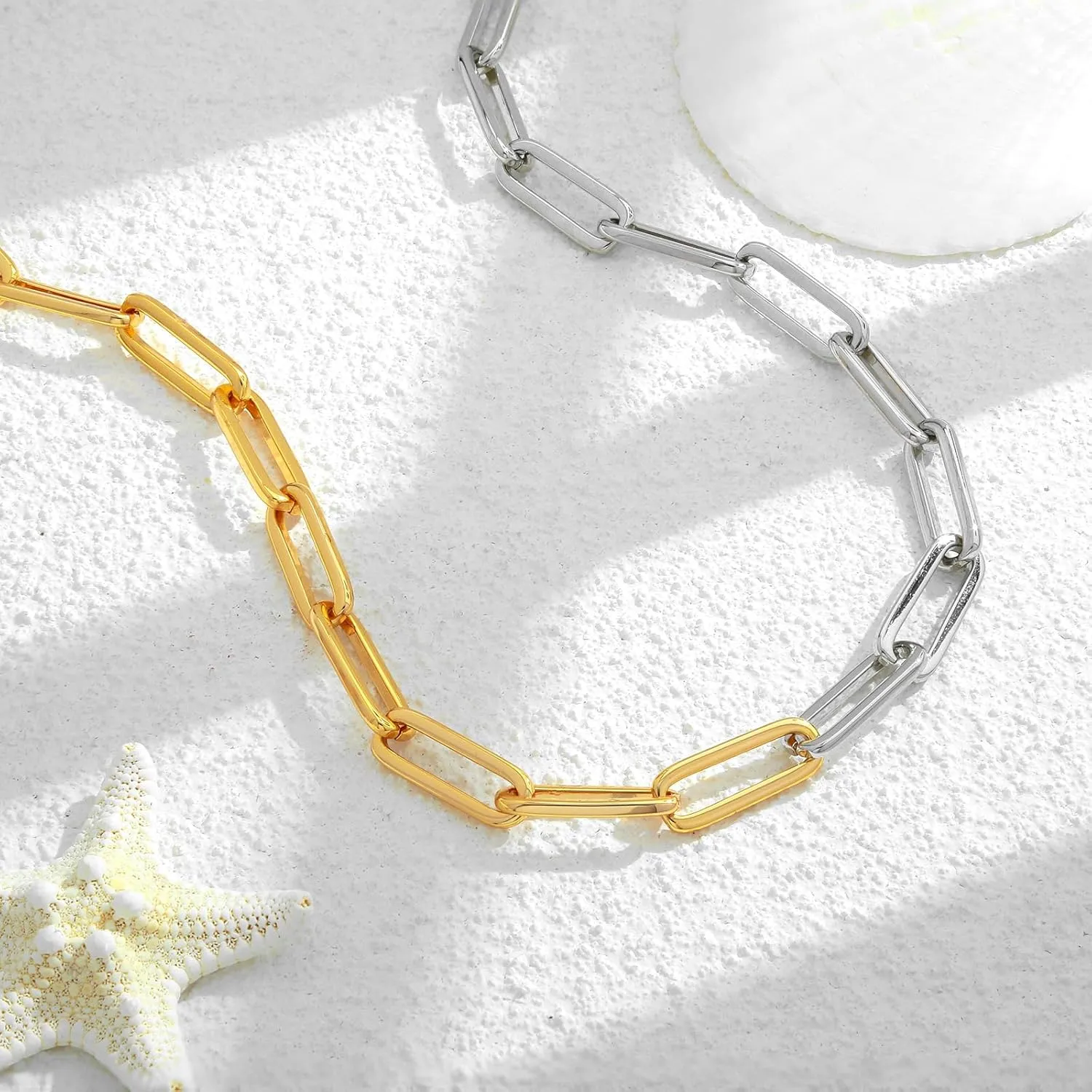 WOWORAMA Two Tone Gold Silver Cuban Link Chain Necklace Choker Unisex Chunky Chain Choker Necklace for Women Men, 18"