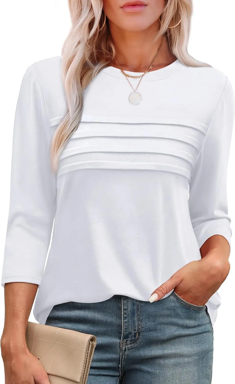 XIEERDUO Women's 3/4 Length Sleeve Tops Dressy Casual Blouses Crewneck T-Shirts Loose Curved Hem Tunic S-3XL