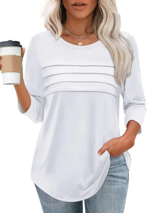 XIEERDUO Women's 3/4 Length Sleeve Tops Dressy Casual Blouses Crewneck T-Shirts Loose Curved Hem Tunic S-3XL