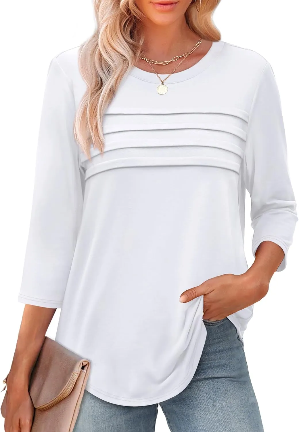 XIEERDUO Women's 3/4 Length Sleeve Tops Dressy Casual Blouses Crewneck T-Shirts Loose Curved Hem Tunic S-3XL