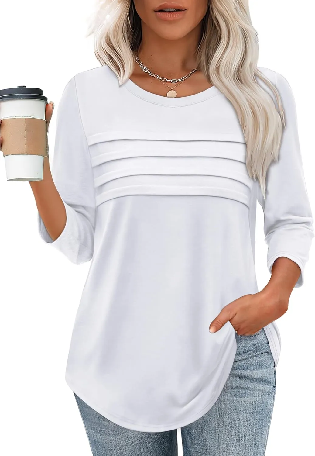 XIEERDUO Women's 3/4 Length Sleeve Tops Dressy Casual Blouses Crewneck T-Shirts Loose Curved Hem Tunic S-3XL