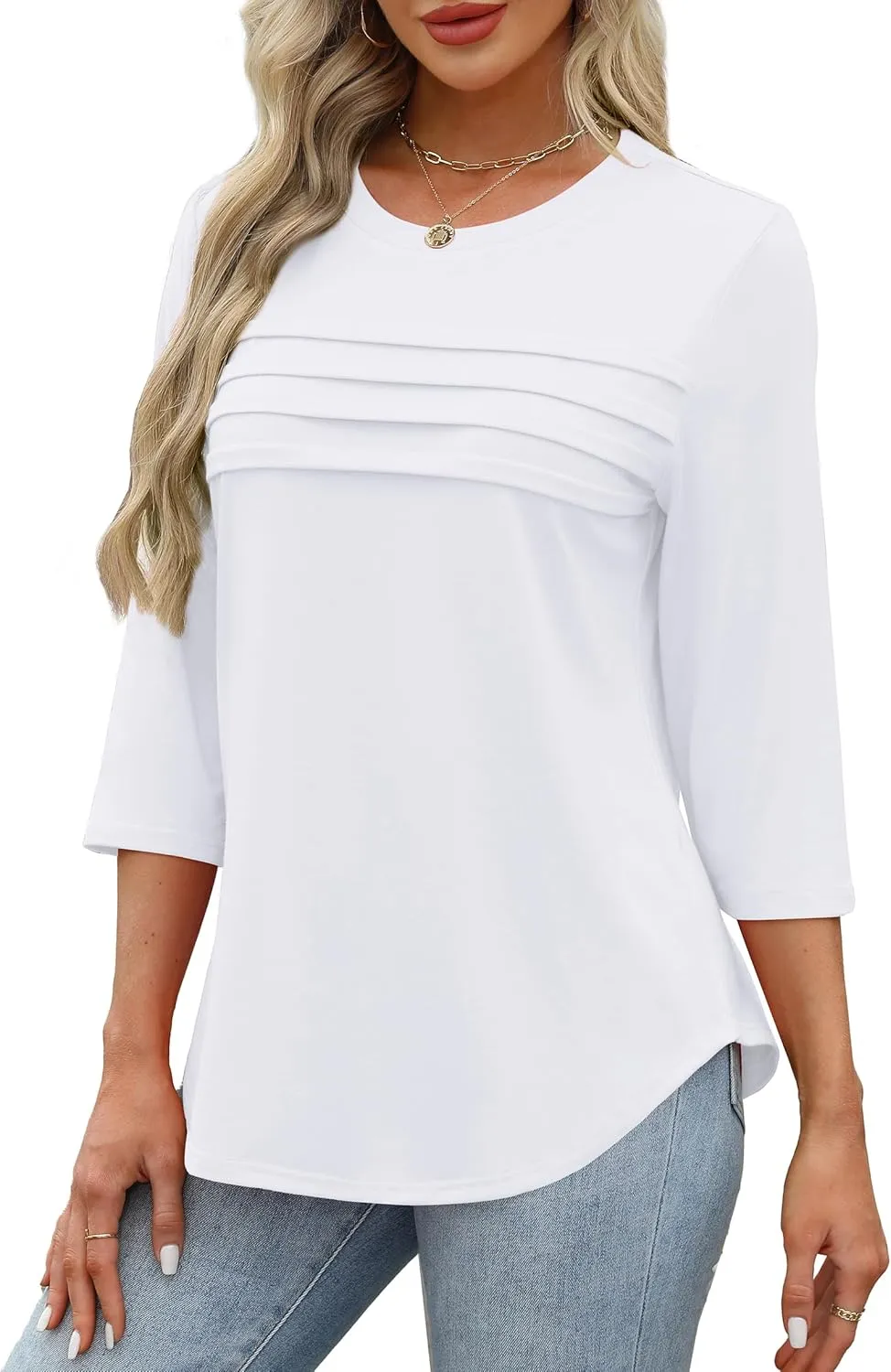 XIEERDUO Women's 3/4 Length Sleeve Tops Dressy Casual Blouses Crewneck T-Shirts Loose Curved Hem Tunic S-3XL