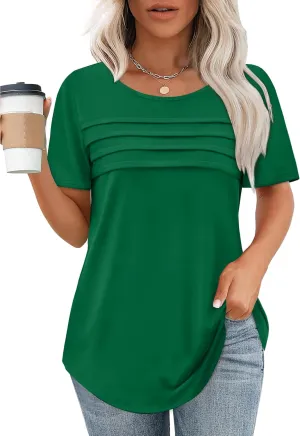 XIEERDUO Women's Pleated Tops Dressy Casual Short Sleeve T-Shirts Fashion Blouses Loose Curved Hem Long Tunic S-3XL