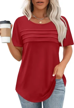 XIEERDUO Women's Pleated Tops Dressy Casual Short Sleeve T-Shirts Fashion Blouses Loose Curved Hem Long Tunic S-3XL
