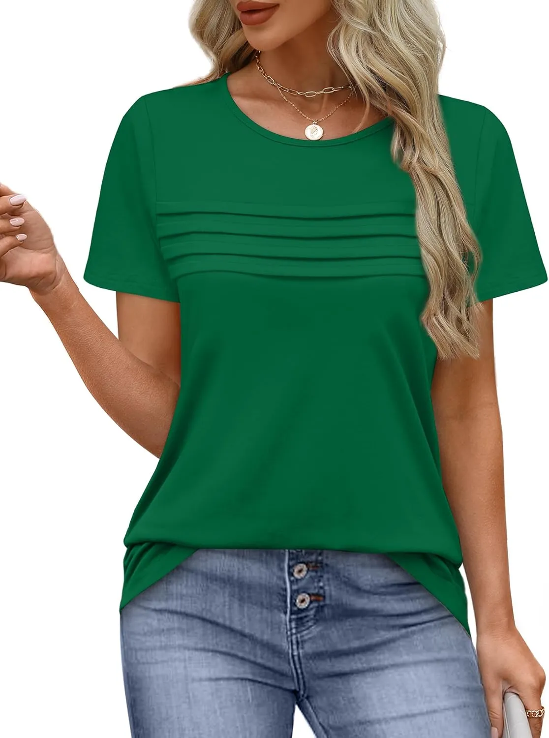 XIEERDUO Women's Pleated Tops Dressy Casual Short Sleeve T-Shirts Fashion Blouses Loose Curved Hem Long Tunic S-3XL