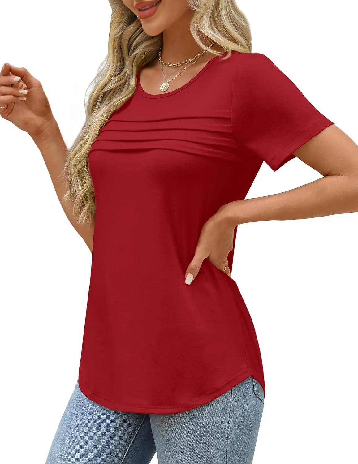 XIEERDUO Women's Pleated Tops Dressy Casual Short Sleeve T-Shirts Fashion Blouses Loose Curved Hem Long Tunic S-3XL