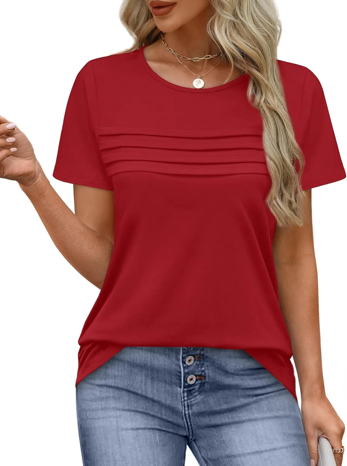 XIEERDUO Women's Pleated Tops Dressy Casual Short Sleeve T-Shirts Fashion Blouses Loose Curved Hem Long Tunic S-3XL