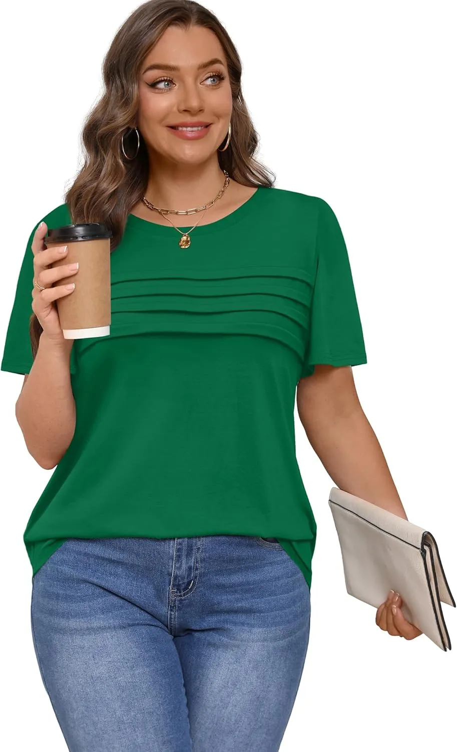 XIEERDUO Women's Pleated Tops Dressy Casual Short Sleeve T-Shirts Fashion Blouses Loose Curved Hem Long Tunic S-3XL