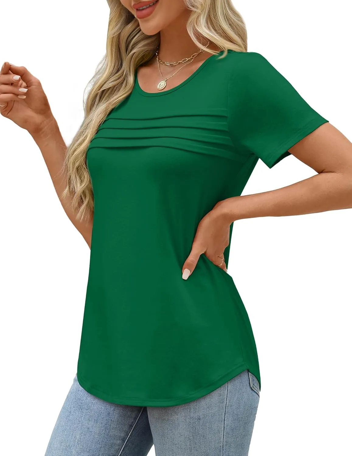XIEERDUO Women's Pleated Tops Dressy Casual Short Sleeve T-Shirts Fashion Blouses Loose Curved Hem Long Tunic S-3XL
