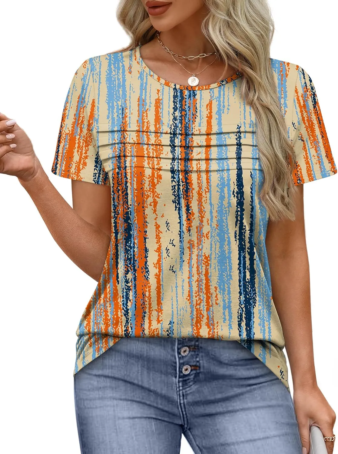 XIEERDUO Women's Pleated Tops Dressy Casual Short Sleeve T-Shirts Fashion Blouses Loose Curved Hem Long Tunic S-3XL