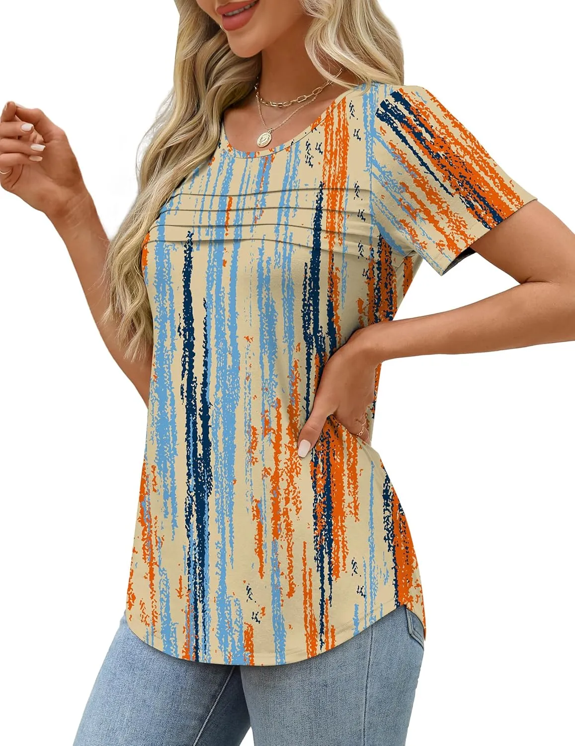 XIEERDUO Women's Pleated Tops Dressy Casual Short Sleeve T-Shirts Fashion Blouses Loose Curved Hem Long Tunic S-3XL