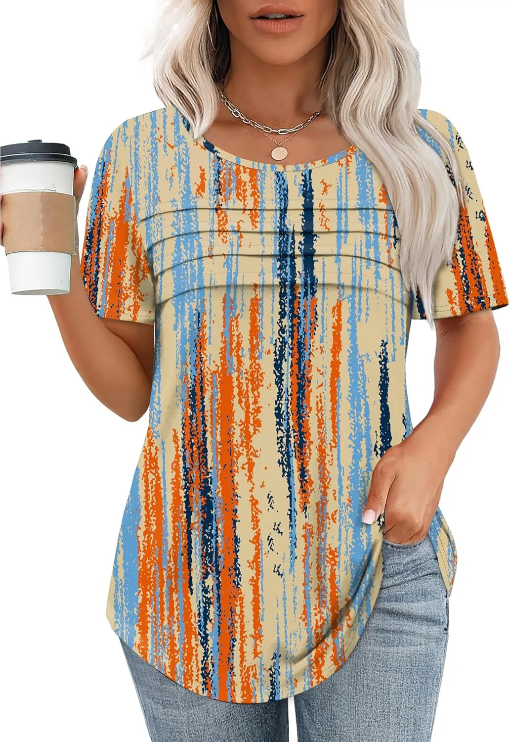 XIEERDUO Women's Pleated Tops Dressy Casual Short Sleeve T-Shirts Fashion Blouses Loose Curved Hem Long Tunic S-3XL
