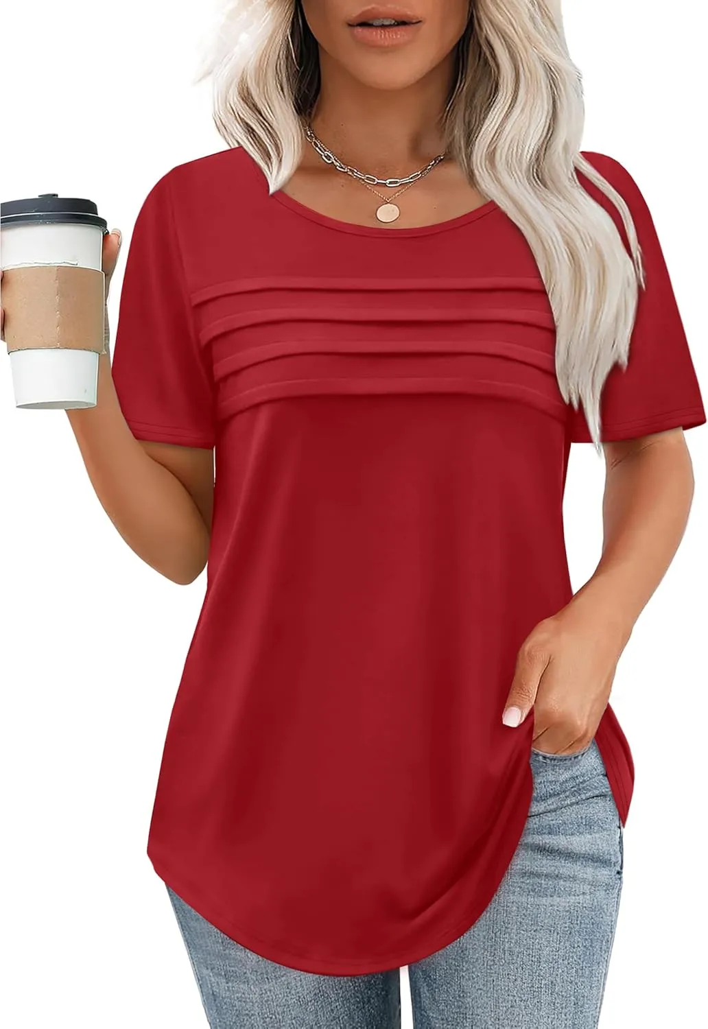 XIEERDUO Women's Pleated Tops Dressy Casual Short Sleeve T-Shirts Fashion Blouses Loose Curved Hem Long Tunic S-3XL