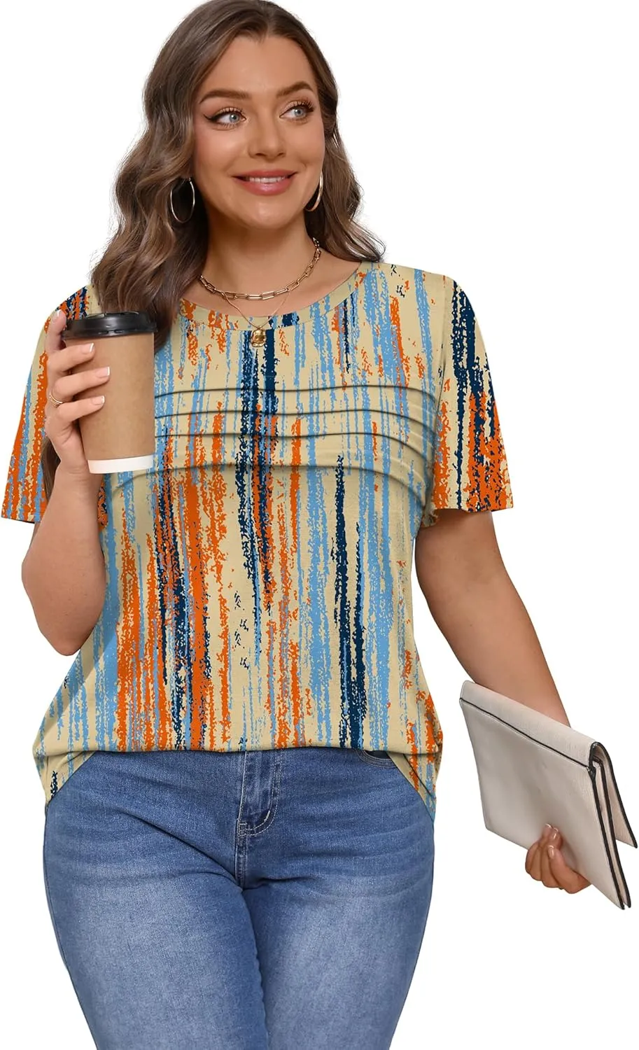 XIEERDUO Women's Pleated Tops Dressy Casual Short Sleeve T-Shirts Fashion Blouses Loose Curved Hem Long Tunic S-3XL