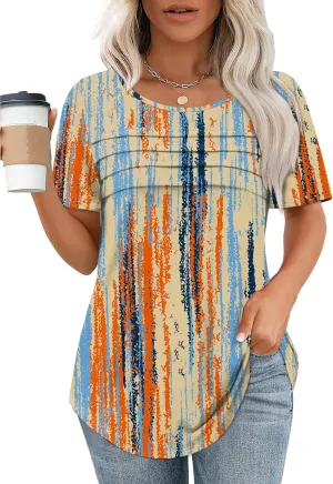XIEERDUO Women's Pleated Tops Dressy Casual Short Sleeve T-Shirts Fashion Blouses Loose Curved Hem Long Tunic S-3XL