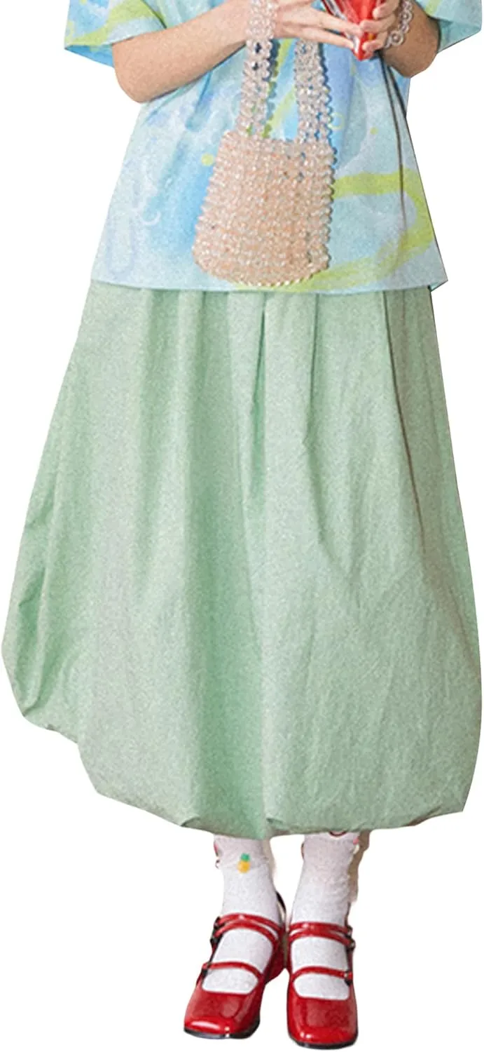 Y2k Bubble Midi Skirts for Women A Line Elastic Waistband Maxi Balloon Skirt Causal Party Long Pleated Dress