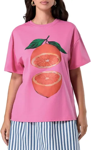 Y2k Oversized Graphic Tshirt for Women Cute Fruit Print Crew Neck Loose Baby Tee Casual Baggy Aesthetic Streetwear