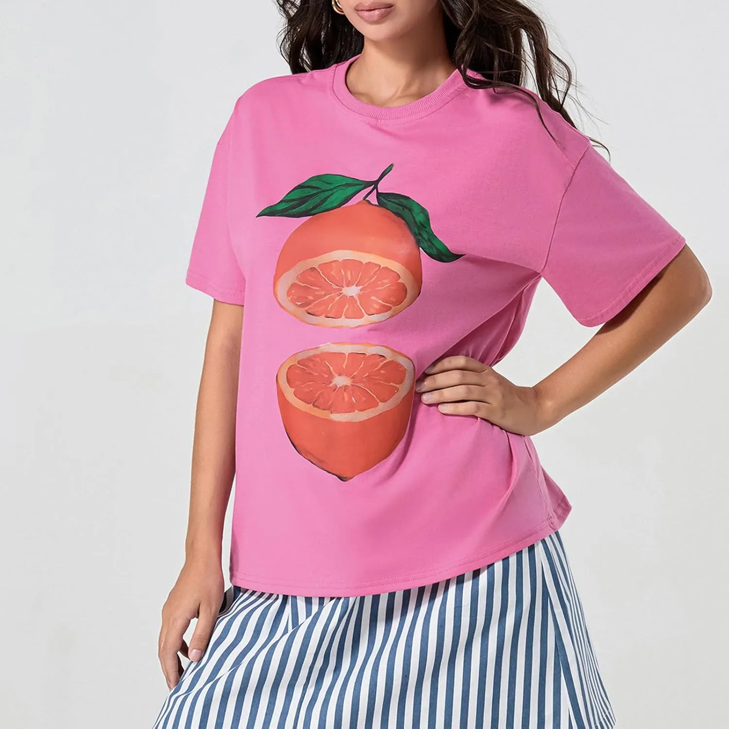 Y2k Oversized Graphic Tshirt for Women Cute Fruit Print Crew Neck Loose Baby Tee Casual Baggy Aesthetic Streetwear