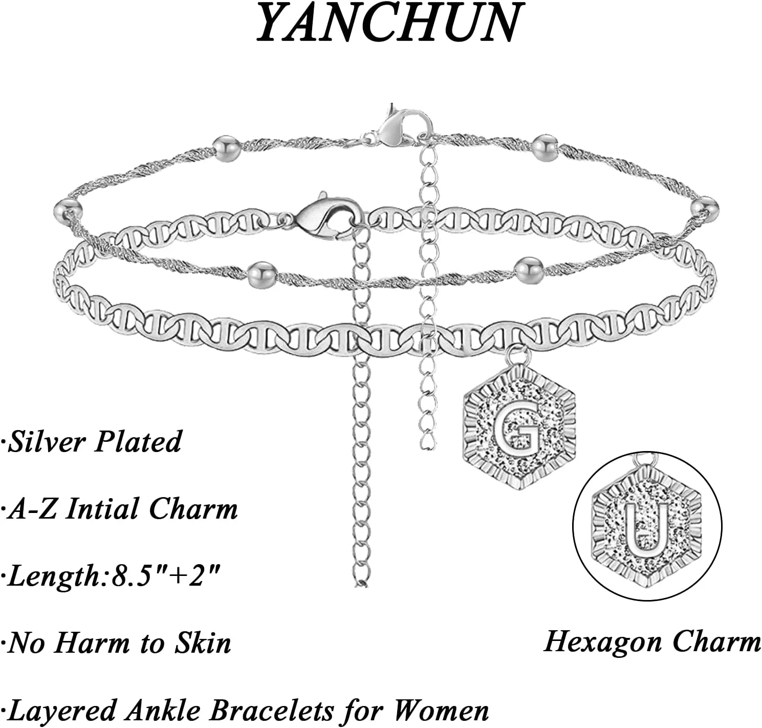 YANCHUN Initial Ankle Bracelets for Women Silver Heart Double Layered Initial Anklets Jewelry Gifts for Women Trendy Stocking Stuffers