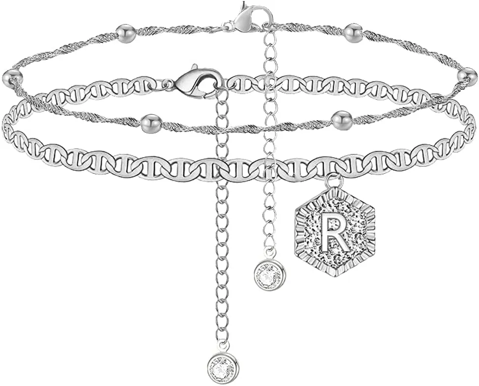 YANCHUN Initial Ankle Bracelets for Women Silver Heart Double Layered Initial Anklets Jewelry Gifts for Women Trendy Stocking Stuffers