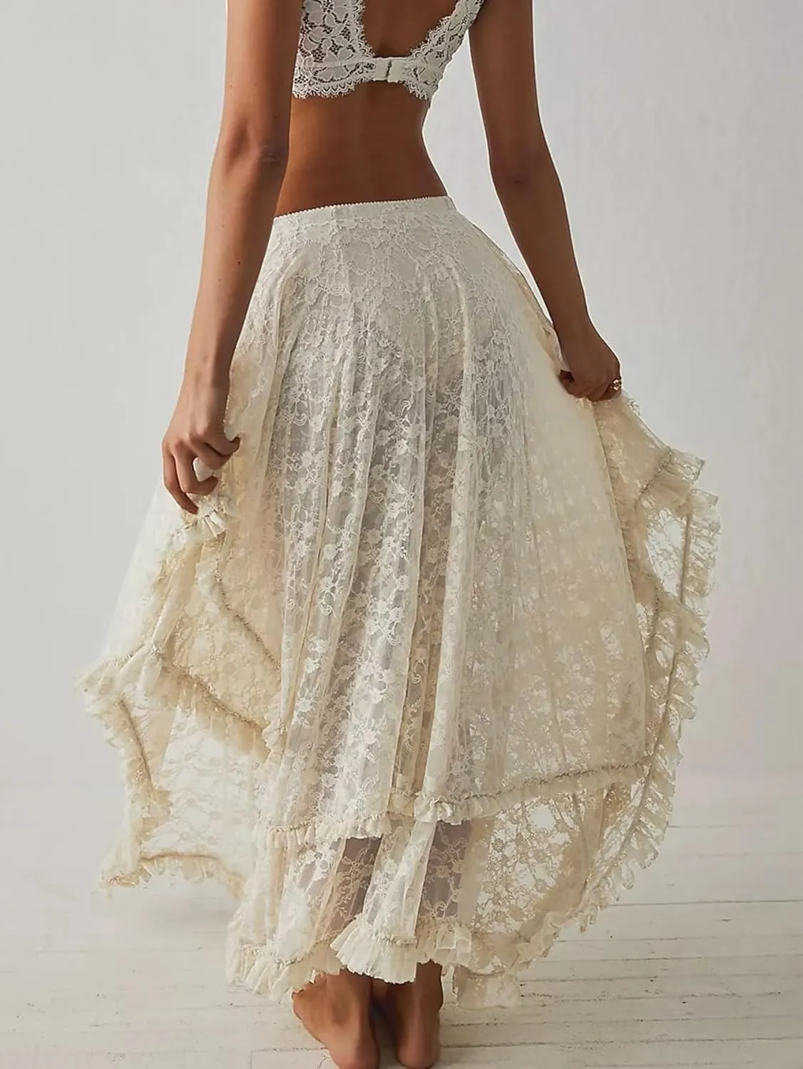 YKR Womens Lace Long Skirts Elastic Asymmetrical Layered Hem Sexy See-Through Flowy Skirts Floral Beach Maxi Skirt