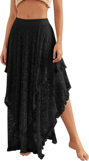 YKR Womens Lace Long Skirts Elastic Asymmetrical Layered Hem Sexy See-Through Flowy Skirts Floral Beach Maxi Skirt