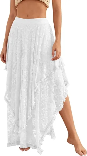 YKR Womens Lace Long Skirts Elastic Asymmetrical Layered Hem Sexy See-Through Flowy Skirts Floral Beach Maxi Skirt