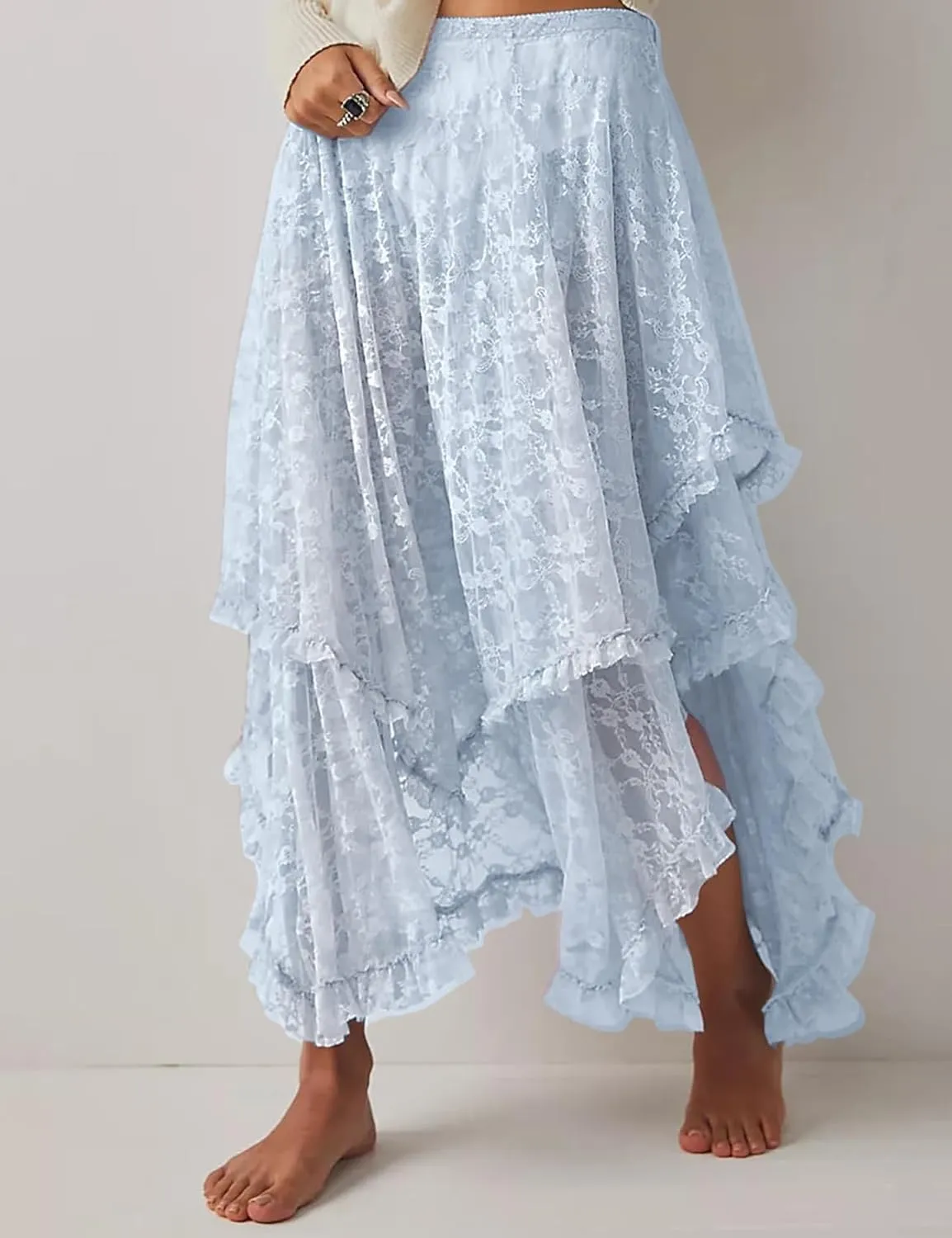YKR Womens Lace Long Skirts Elastic Asymmetrical Layered Hem Sexy See-Through Flowy Skirts Floral Beach Maxi Skirt
