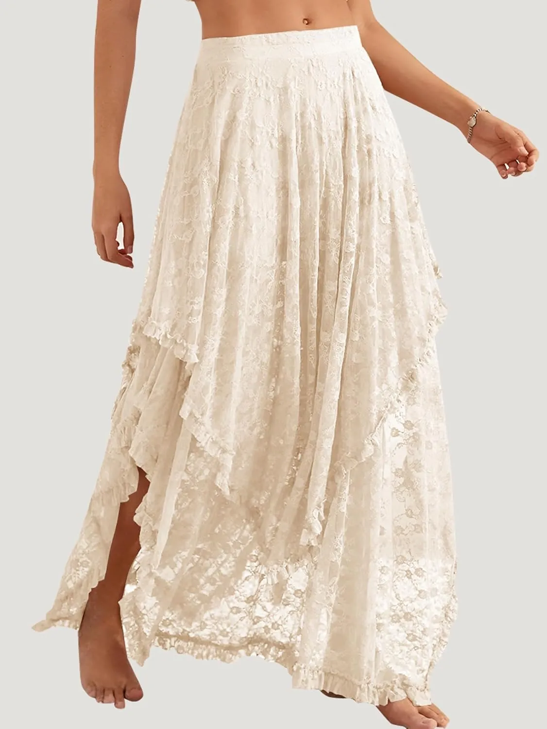 YKR Womens Lace Long Skirts Elastic Asymmetrical Layered Hem Sexy See-Through Flowy Skirts Floral Beach Maxi Skirt