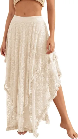 YKR Womens Lace Long Skirts Elastic Asymmetrical Layered Hem Sexy See-Through Flowy Skirts Floral Beach Maxi Skirt