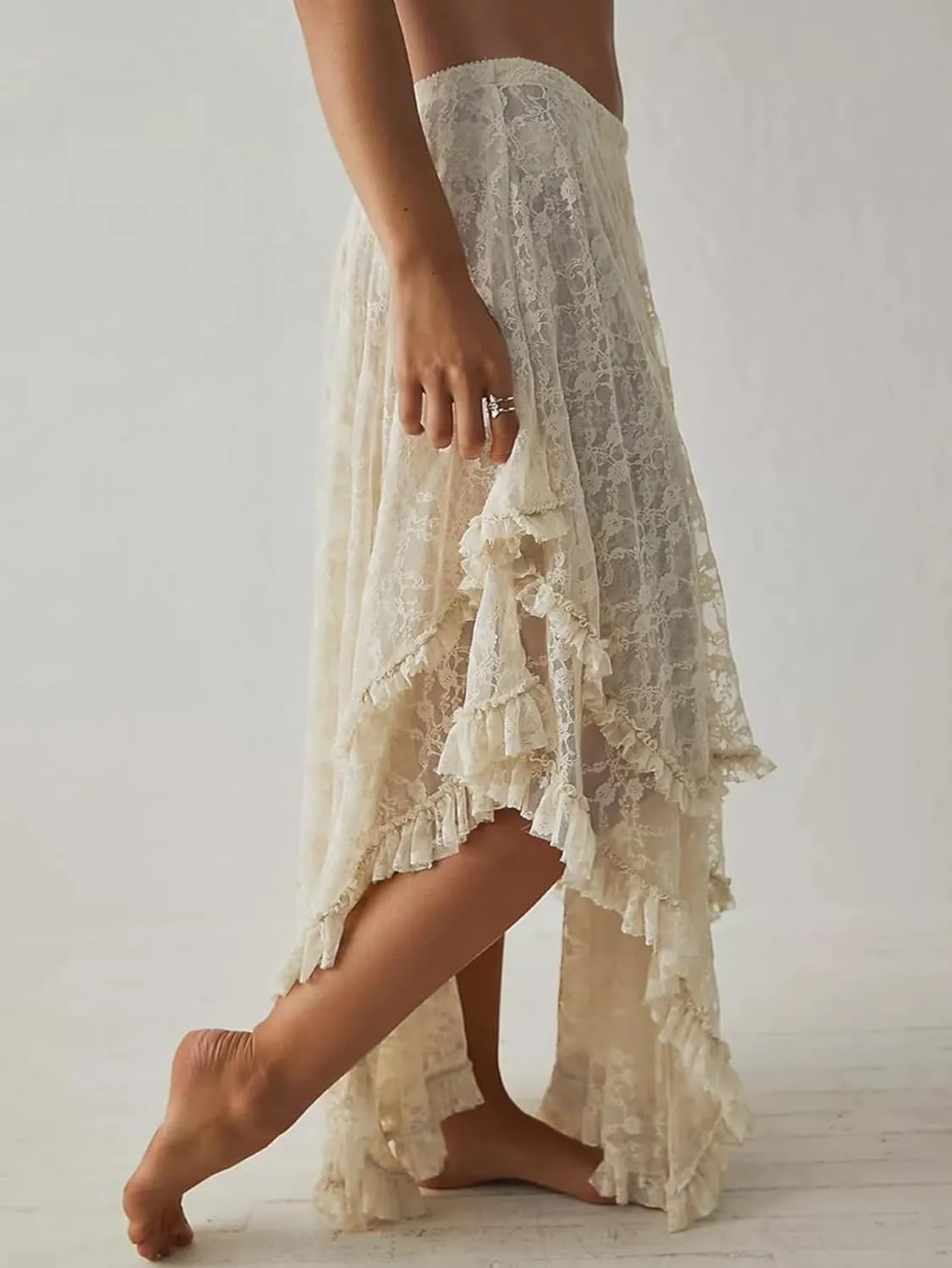 YKR Womens Lace Long Skirts Elastic Asymmetrical Layered Hem Sexy See-Through Flowy Skirts Floral Beach Maxi Skirt