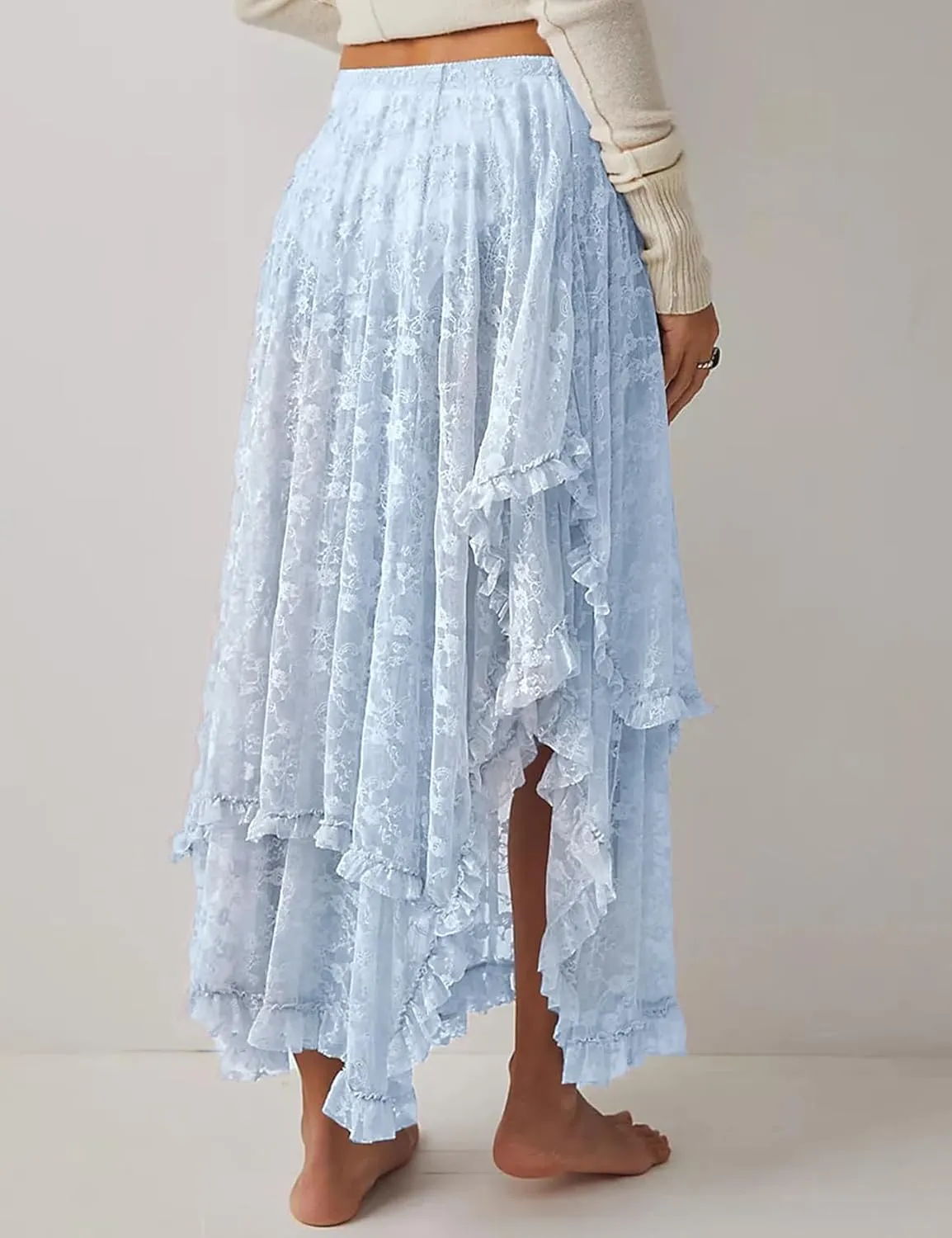 YKR Womens Lace Long Skirts Elastic Asymmetrical Layered Hem Sexy See-Through Flowy Skirts Floral Beach Maxi Skirt