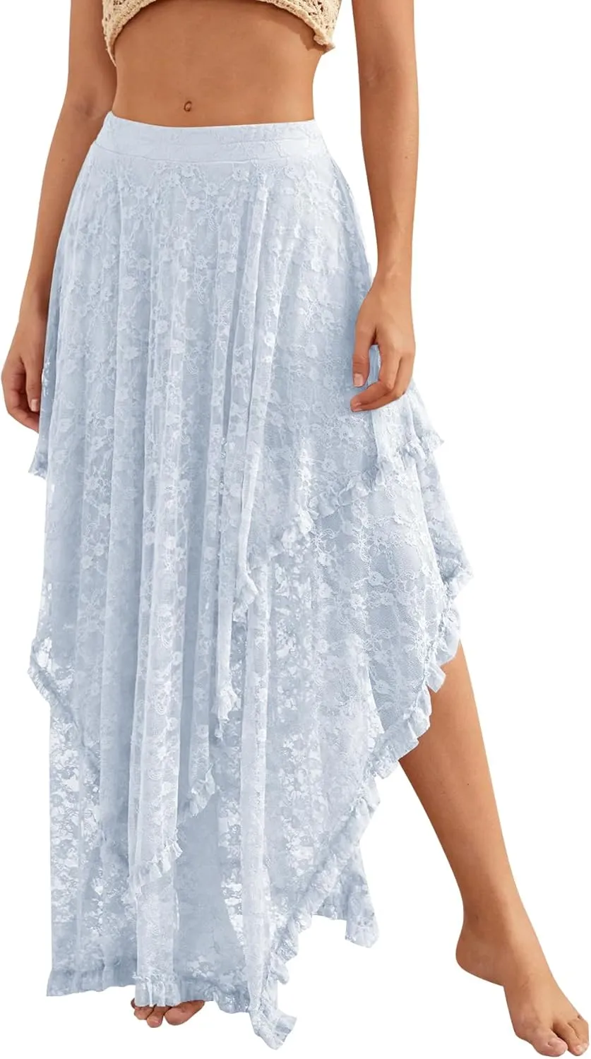 YKR Womens Lace Long Skirts Elastic Asymmetrical Layered Hem Sexy See-Through Flowy Skirts Floral Beach Maxi Skirt