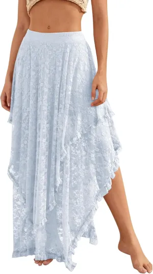 YKR Womens Lace Long Skirts Elastic Asymmetrical Layered Hem Sexy See-Through Flowy Skirts Floral Beach Maxi Skirt