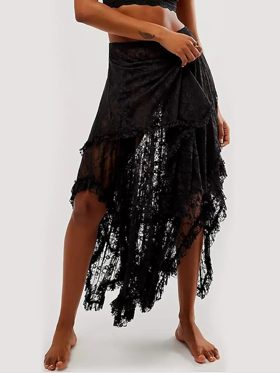 YKR Womens Lace Long Skirts Elastic Asymmetrical Layered Hem Sexy See-Through Flowy Skirts Floral Beach Maxi Skirt