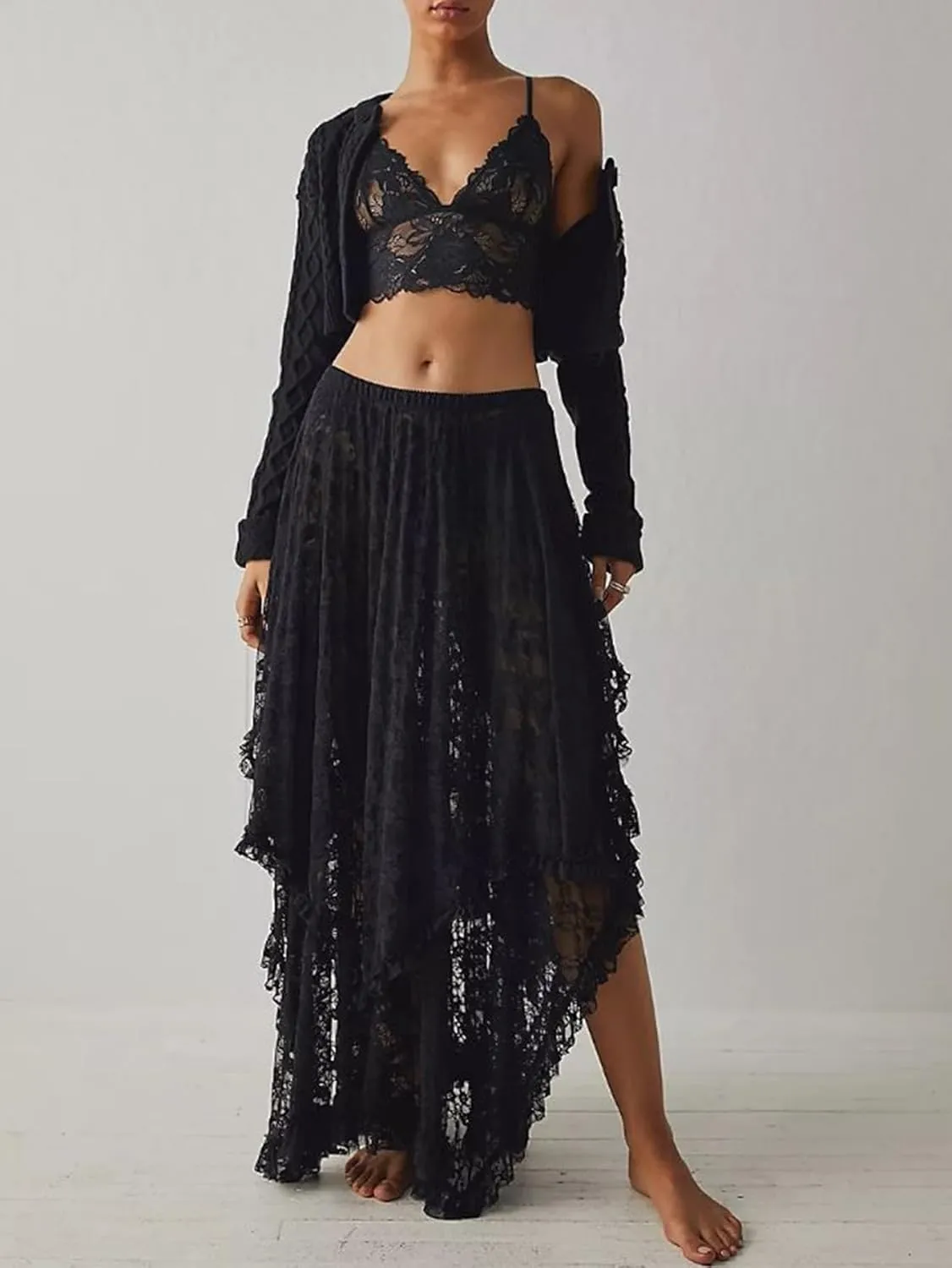 YKR Womens Lace Long Skirts Elastic Asymmetrical Layered Hem Sexy See-Through Flowy Skirts Floral Beach Maxi Skirt