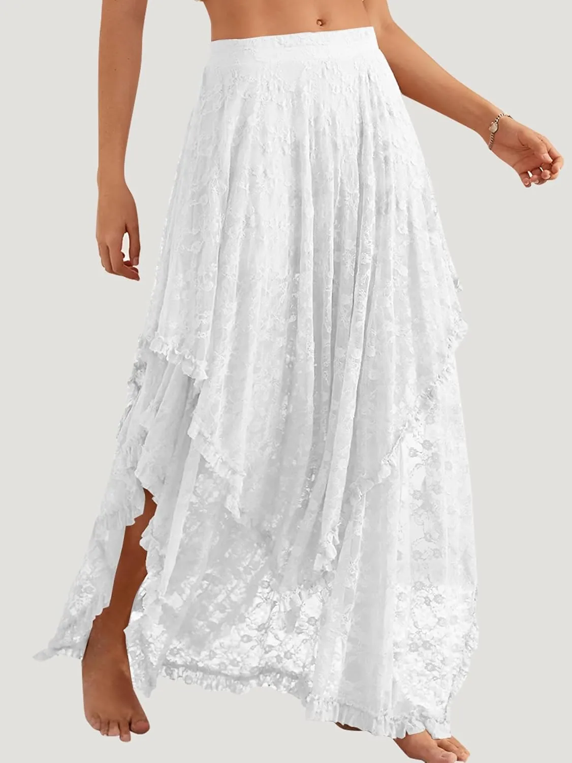 YKR Womens Lace Long Skirts Elastic Asymmetrical Layered Hem Sexy See-Through Flowy Skirts Floral Beach Maxi Skirt